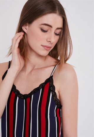 STRIPED TOP WITH LACE - RED, BLUE AND BLACK