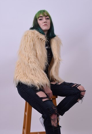 VINTAGE 90'S CREAM SHAGGY HIPPY FAUX FUR JACKET 10 12 14