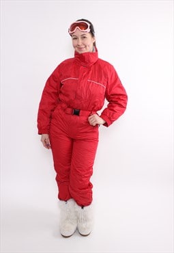 Women one piece ski suit, retro red snow suit, vintage ski