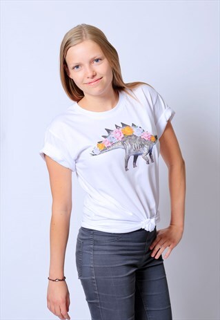 DINOSAUR STEGOSAURUS ROSES WHITE T-SHIRT