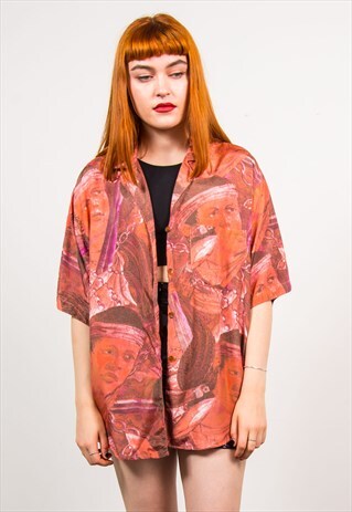 VINTAGE 90'S PINK WOMAN'S FACE PATTERN SHORT SLEEVE SHIRT