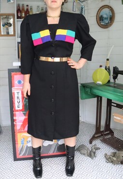 Vintage 80s Black Block Formal Smart Midi Collar Shirt Dress