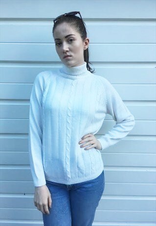 WOMENS VINTAGE 80S JUMPER WHITE POLO NECK CABLE KNIT SWEATER