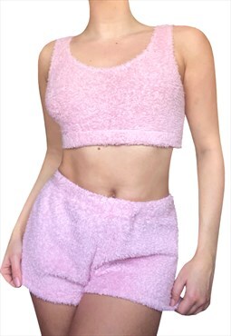 Vintage Y2K 90's/00's Baby Pink Fluffy Co-ord Top & Shorts