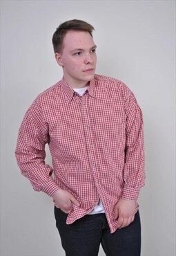 90s red plaid shirt, vintage grunge button down, Size L