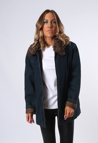 DENIM JACKET FAUX FUR LINED LONG OVERSIZED FITTED UK 14 (43Q