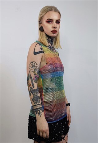 SPARKLY MESH TOP RAINBOW VEST EMBELLISHED GAY SLEEVELESS