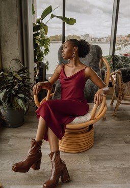Wine Red Satin Midi Skirt and Strap Top Set