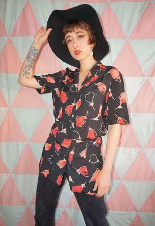 VINTAGE 90S BLACK / RED FLORAL PRINT LONG LINE BLOUSE