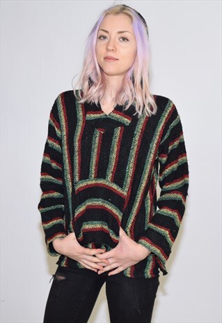 VINTAGE 90S RED GOLD GREEN BAHA KNIT HOODIE