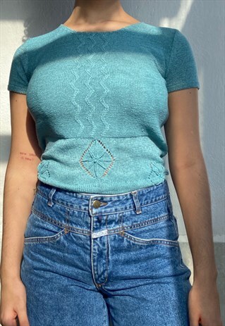 VINTAGE 90'S TURQUOISE BLUE SOFT KNIT T-SHIRT
