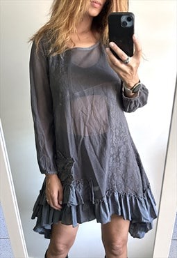 Gray Layered Long Short Boho Summer Dress - Large 