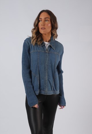 DENIM JACKET WOOL SLEEVES LIGHTWEIGHT VINTAGE UK 12 (HW3H)
