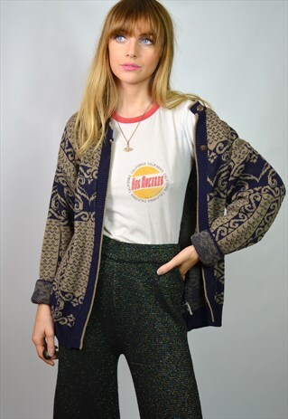 VINTAGE 70S FAIRISLE NAVY & BEIGE PATTERN KNITTED CARDIGAN