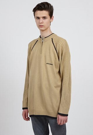 VINTAGE BROWN HUGO BOSS 1/4 ZIP NECK KNIT JUMPER SWEATER