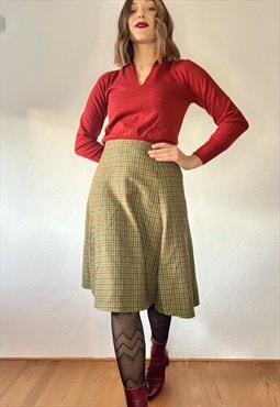 1990s vintage olive green and burgundy plaid wool midi skirt