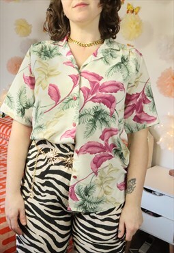 Vintage 90s Cream Hawaiian Floral Print V Shirt Blouse Top