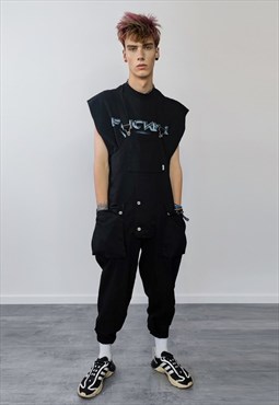 Cargo pocket dungarees work wear denim overalls in black