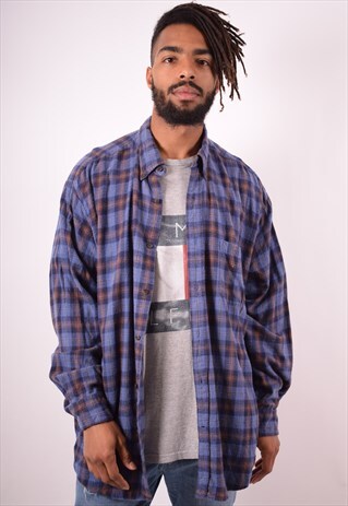 MENS VINTAGE FLANNEL SHIRT XL BLUE CHECK 90S
