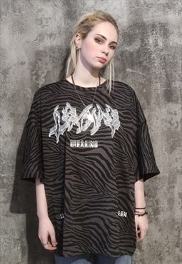 Zebra print t-shirt distressed tee oversized stripe top grey