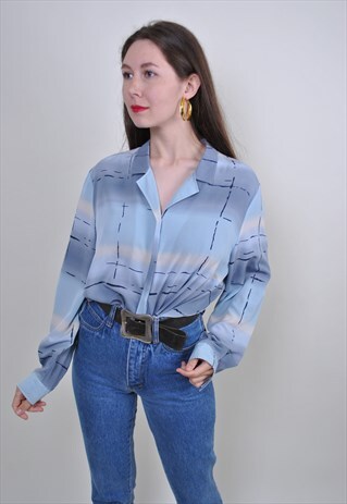 VINTAGE BLUE BLOUSE, ABSTRACT PRINT LONG SLEEVE SHIRT