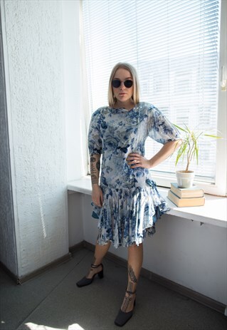 VINTAGE 70'S BLUE FLOWER PRINT DRESS