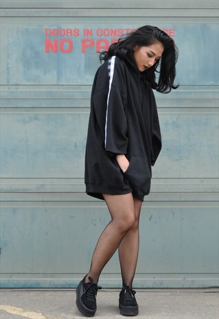 BLACK COTTON OVERSIZED RINGSPUN RACER HOODIE JUMPER