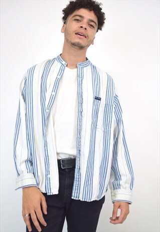 VINTAGE 90S BLUE WHITE STRIPE PRIEST COLLAR SHIRT