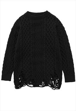 Ripped sweater knitted distressed cable jumper in black