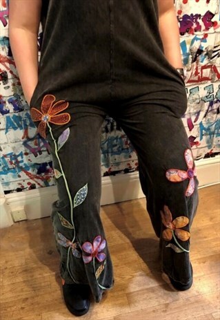 BLACK WITH EMBROIDERED FLOWER DESIGN SLOUCHY JUMPSUIT