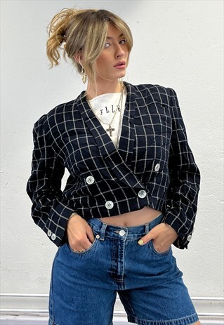 VINTAGE CROPPED CHECKED BLAZER JACKET