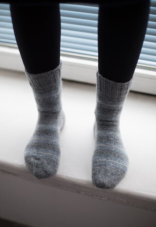 GREY STRIPED HANDMADE KNITTED WOOL SOCKS