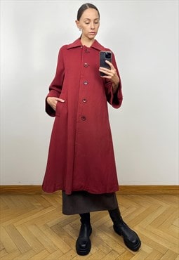 Vintage Red Wool Coat, Red Wool Midi Winter Coat