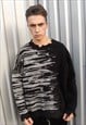 RIPPED SWEATER CONTRAST STITCH STRIPE JUMPER IN BLACK GREY