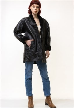 80s Vintage Vtg Rare Black Leather Coat Trench 5368