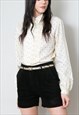 70's Vintage Cream Blouse Black Polka Dot Long Sleeve