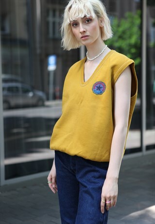 VINTAGE 80'S OVERSIZE SWEAT VEST TOP MUSTARD