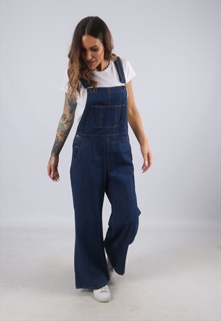 VINTAGE DENIM DUNGAREES WIDE FLARED LEG UK 12 M (W5C)