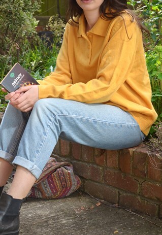 80S VINTAGE MUSTARD YELLOW BUTTON COLLAR KNIT JUMPER