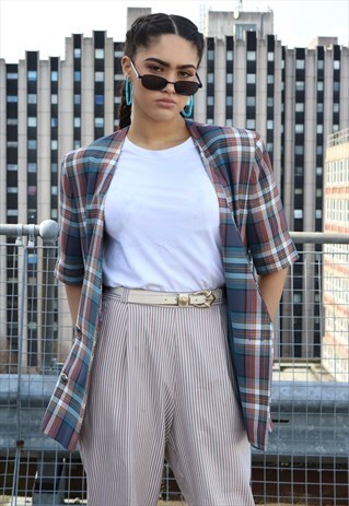 PURPLE, GREY, BLUE CHECK, DOUBLE BREASTED BLAZER