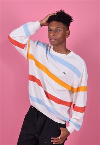 LACOSTE WHITE JUMPER WITH RED, BLUE AND YELLOW STRIPES