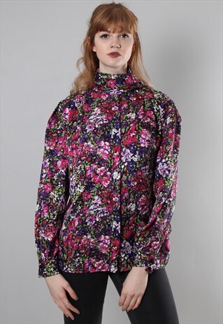 VINTAGE 80S SATIN FLORAL PATTERNED BLOUSE