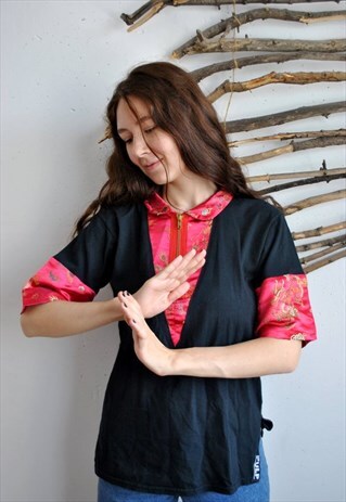 CHINESE EMBROIDERY TSHIRT, DRAGON PRINT PINK POLO