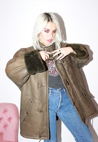 PREMIUM VINTAGE 80S MOSS GREEN LEATHER SHEEPSKIN JACKET