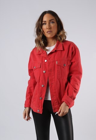 VINTAGE DENIM JACKET RED OVERSIZED FITTED UK 14 LARGE (AEF)