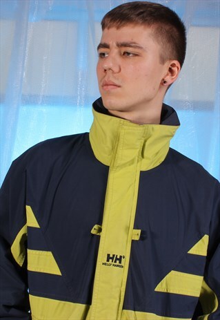 VINTAGE HELLY HANSEN NAVY AND LIME GREEN RAIN JACKET