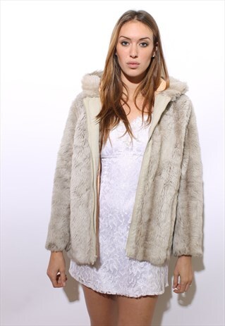 VINTAGE 1960'S 60'S HOODED GREY PLUSH JACKET HOODY COAT L-XL