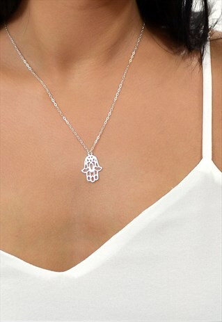 JENNA STERLING SILVER HAMSA DROP CHARM CHOKER NECKLACE