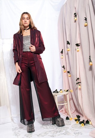 VIMTAGE WIDE-LEG TROUSERS 90S MAROON LAYER FLARE PANTS