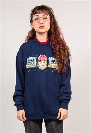 VINTAGE 90'S NAVY BLUE RAINING PETS PRINT CUTE SWEATSHIRT